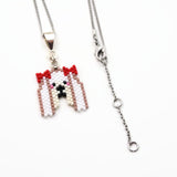 Maltese Dog Necklace With Red Bow Accent On Adjustable Silver Tone Chain