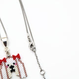 Maltese Dog Necklace With Red Bow Accent On Adjustable Silver Tone Chain