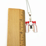 Maltese Dog Necklace With Red Bow Accent On Adjustable Silver Tone Chain