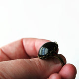 Jet Black Glass Domed Cabochon Adjustable Cocktail Ring