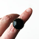 Jet Black Glass Domed Cabochon Adjustable Cocktail Ring