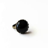 Jet Black Glass Domed Cabochon Adjustable Cocktail Ring