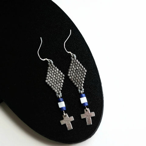 Beaded Metallic Pewter Plated Cross Dangle Earrings