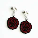 Red Black Rose Hand Beaded Artisan Clip-on Earrings