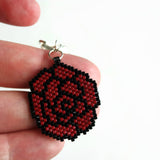 Red Black Rose Hand Beaded Artisan Clip-on Earrings
