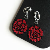 Red Black Rose Beaded Clip-on Earrings