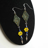 Long Summer Flower Statement Earrings In Patina Green, Yellow, And Blue
