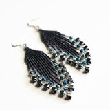 Long Beaded Statement Fringe Earrings In Shiny Blue Iris