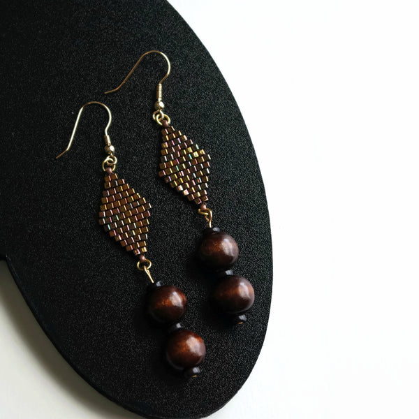 Metallic And Chestnut Color Wood Beaded Dangle Earrings