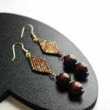 Metallic And Chestnut Color Wood Dangle Statement Earrings