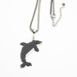 Hand Beaded Large Dolphin Statement Necklace On Silver Tone, Tubed Mesh Chain