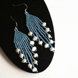 Blue Dangle Earrings With Cultured Freshwater Pearl Nuggets
