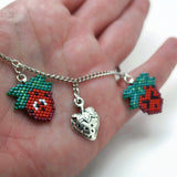 Strawberries With Expressions, Artisan Hand Beaded Necklace With Adjustable Chain