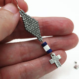 Beaded Metallic Pewter Plated Cross Dangle Earrings