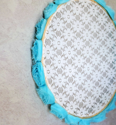 Blue Fabric Flowers With White Floral Lace Earring Hanger For Wall