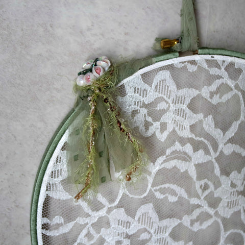 Sage Green Earring Hanger And Wall Decor With Ceramic Flower Accent