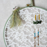 Sage Green Earring Hanger And Wall Decor With Ceramic Flower Accent