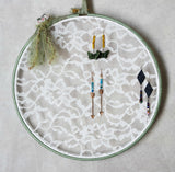 Sage Green Earring Hanger And Wall Decor With Ceramic Flower Accent