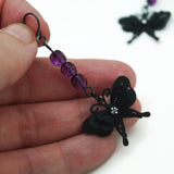 Black Butterfly Dangle Earrings With Purple Accent Beads