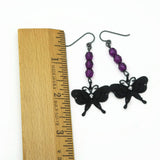 Black Butterfly Dangle Earrings With Purple Accent Beads