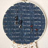 Distressed Denim Earring Hanger And Wall Decor With Fringe Accent