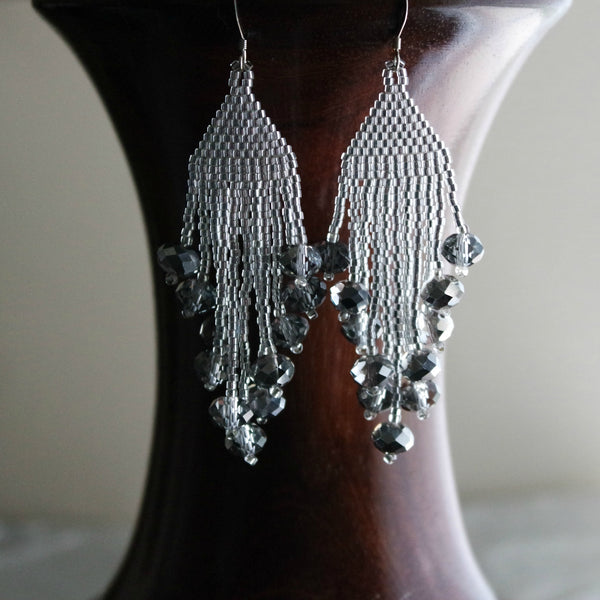 Long Silver Beaded Shiny Dangle Earrings, New Year's Eve And Holiday Parties