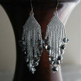 Long Silver Beaded Elegant Dangle Earrings