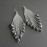 Long Silver Beaded Elegant Dangle Earrings
