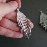 Long Silver Beaded Elegant Dangle Earrings