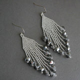 Long Silver Beaded Elegant Dangle Earrings