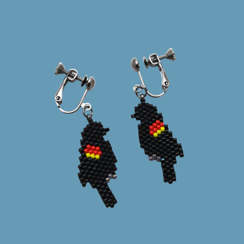 Red Winged Black Bird Clip-on Earrings