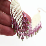 Long Fringe Beaded Earrings In Pink, Sage, And Eggshell With Rose Gold Filled Ear Wires