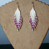 Long Fringe Beaded Earrings In Pink, Sage, And Eggshell With Rose Gold Filled Ear Wires
