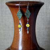 Long Summer Flower Statement Earrings In Patina Green, Yellow, And Blue