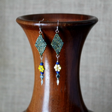 Long Summer Flower Statement Earrings In Patina Green, Yellow, And Blue