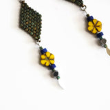 Long Summer Flower Statement Earrings In Patina Green, Yellow, And Blue