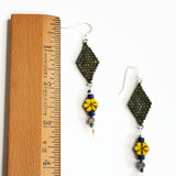 Long Summer Flower Statement Earrings In Patina Green, Yellow, And Blue