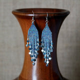 Long Beaded Statement Fringe Earrings In Shiny Blue Iris