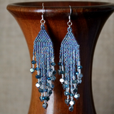 Long Beaded Statement Fringe Earrings In Shiny Blue Iris