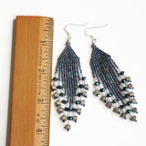 Long Beaded Statement Fringe Earrings In Shiny Blue Iris