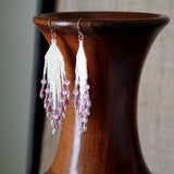 Long Fringe Beaded Earrings In Pink, Sage, And Eggshell With Rose Gold Filled Ear Wires