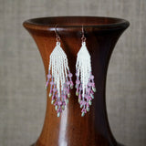 Long Fringe Beaded Earrings In Pink, Sage, And Eggshell With Rose Gold Filled Ear Wires