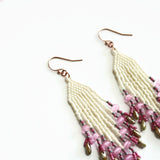 Long Fringe Beaded Earrings In Pink, Sage, And Eggshell With Rose Gold Filled Ear Wires