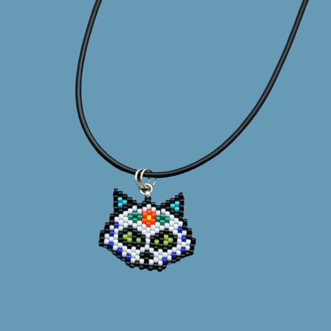 Sugar Skull Cat Beaded Necklace On Adjustable Black Cord