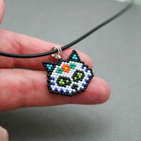 Sugar Skull Cat Beaded Necklace On Adjustable Black Cord