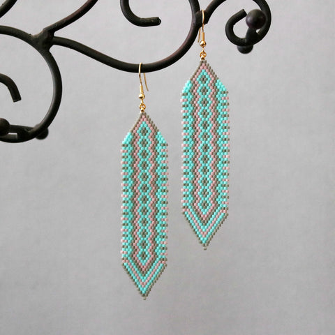 Long Beaded Boho Statement Earrings In Blue, Gray, Lilac
