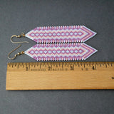 Long Statement Earrings, Beaded Boho Light Gray, Peach, Purple