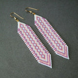 Long Statement Earrings, Beaded Boho Light Gray, Peach, Purple