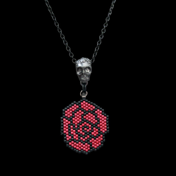 Black And Red Beaded Rose Necklace With Pewter Skull Slider Charm