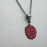 Black And Red Beaded Rose Necklace With Pewter Skull Slider Charm